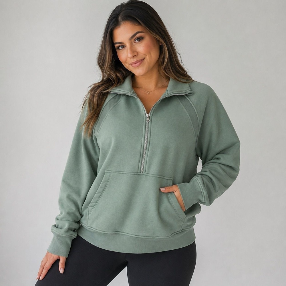 Danskin Quarter Zip Fleece Pullover Sweatshirt Sage Green Kangaroo Pocket